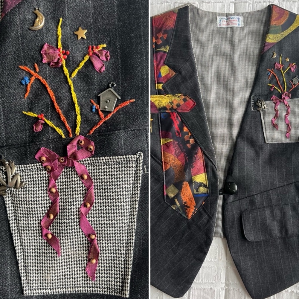 REWORKED From Suits & Ties Patchwork Embroidery Charms Fully Lined Unisex Vest